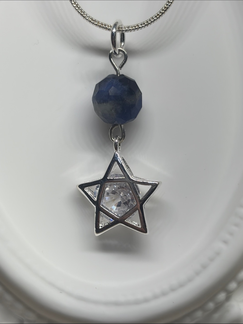 Handmade Sterling Silver Lapis Lazuli Star Necklace 925 Box Chain Celestial CZ